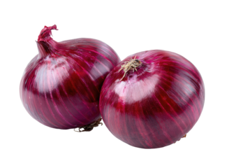 Two vibrant red onions with glistening skin on a black background