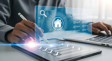 Person using digital tablet for searching house with laptop on the table