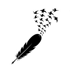illustration of black feather transforming into flock of birds