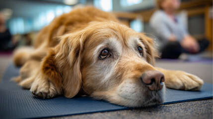 Retriever rests beside yoga mat during adaptive class, instructor guiding gentle poses, wellness, adaptive fitness, inclusion, calm, stretching, community, balance, mindful dog, wi