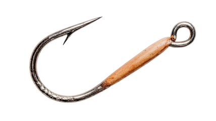 Shiny metallic fishing hook with brown coating on shank, black background