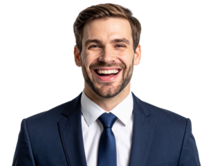 Laughing Businessman in Office Environment, Side-Angle View, Isolated