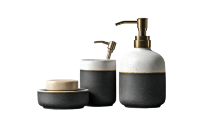 Ceramic bathroom set with gold pumps on black background