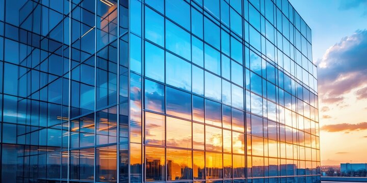 A modern glass skyscraper with a reflective facade, set against a vibrant sunset sky with clouds.