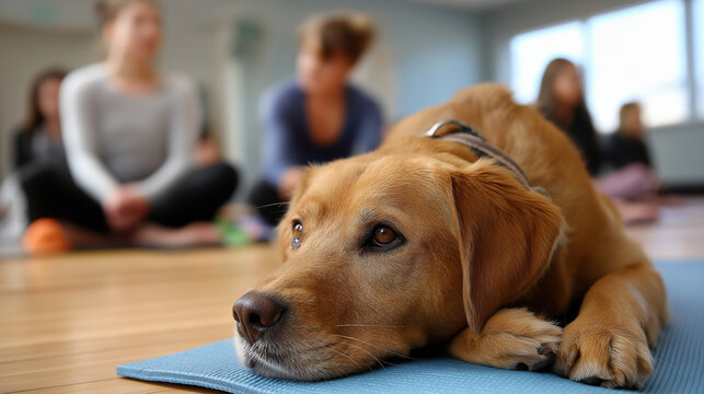 Retriever rests beside yoga mat during adaptive class, instructor guiding gentle poses, wellness, adaptive fitness, inclusion, calm, stretching, community, balance, mindful dog, wi
