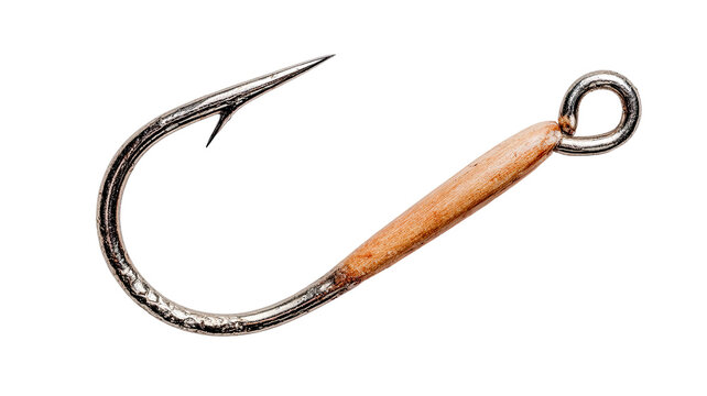 Shiny metallic fishing hook with brown coating on shank, black background