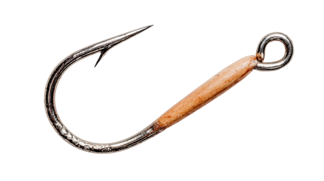 Shiny metallic fishing hook with brown coating on shank, black background - Powered by Adobe