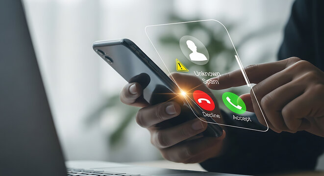 Man using smartphone for spam call with danger sign and incoming call alert