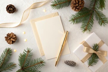 Christmas greeting card with gold pen on white surface
