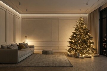 Christmas Tree with Lights Illuminating a Cozy Living Room