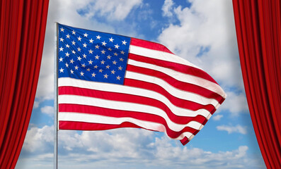 OPEN THEATER RED CURTAINS WITH AMERICAN FLAG BACKDROP – PATRIOTIC STAGE PERFORMANCE CONCEPT IMAG