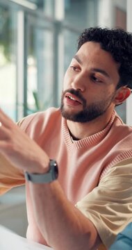 Talking, meeting and planning with business man in office for project review, seo branding and advice. Trend analysis, proposal feedback and marketing campaign with employees in agency for chat