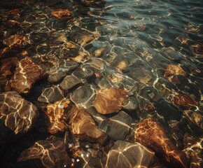 Sunlit ripples dance over smooth, submerged stones in clear water.