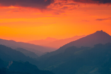 Aerial view of golden rice terraces at Mu Cang Chai town near Sapa city, North of Vietnam. Beautiful terraced rice field in harvest season in Yen Bai province.