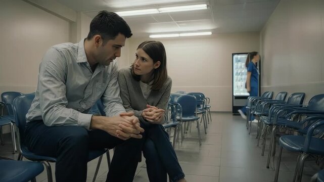 Couple in a waiting room, worried expressions. A nurse walks in the background