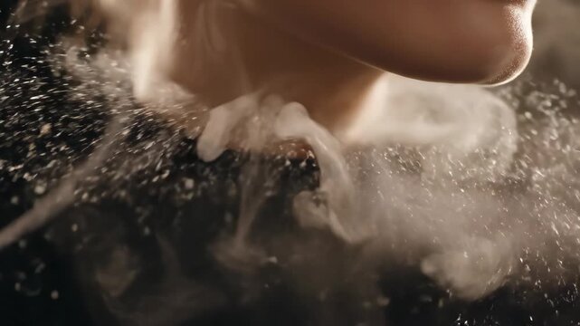 Fine white particles and mist are beautifully illuminated around a person's chin and neck.