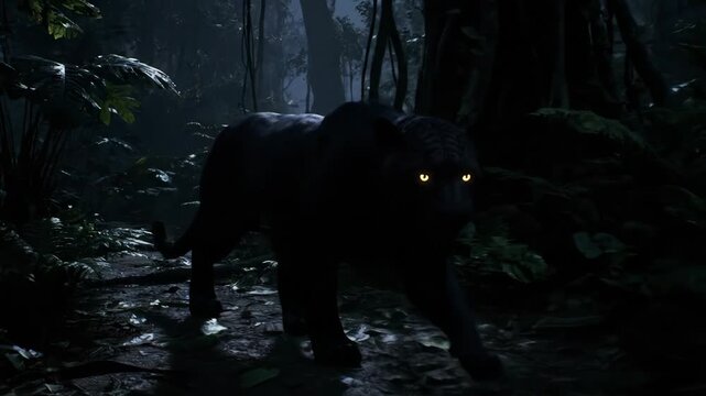 A striking black panther with glowing eyes emerges from the dark jungle at night.