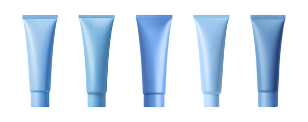 Blue cosmetics tube, set of plastic packaging. Catalog mockup of cream, mask or toothpaste. Collection of empty templates for design. Isolated element with clear even edge on transparent background