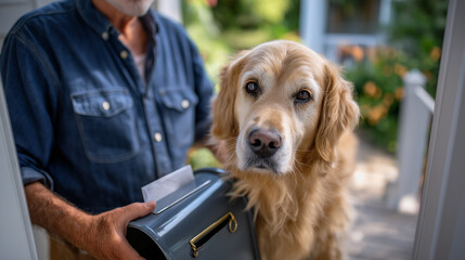 Retriever carries mail from box to porch for senior with walker, neighborly routine, assistance dog, aging in place, independence, morning, friendly, caregiving, support, with copy