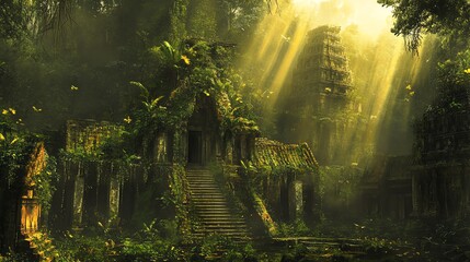 Explore a mysterious jungle land with hidden temples draped in vines, illuminated by captivating golden light beams.