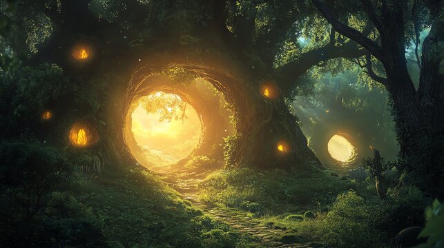 Explore a mysterious enchanted land filled with giant trees and glowing portals, showcasing a fantasy world in photorealistic detail.
