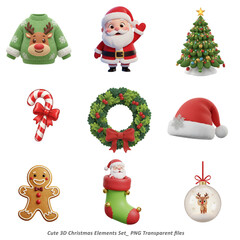 A delightful collection of cute 3D toon-style Christmas elements, including gifts, candy canes, ornaments, bells, snowmen, and festive decorations. Perfect for holiday design projects, greeting cards.