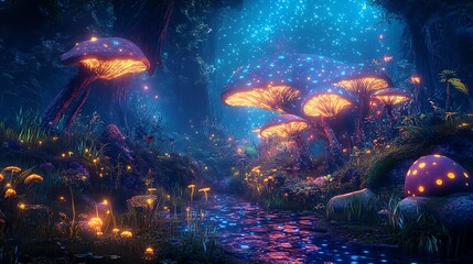 Explore an enchanted land filled with glowing mushrooms and bioluminescent plants that create a magical and mysterious atmosphere.