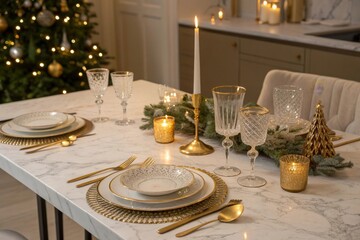 Elegant Table Setting with Gold Cutlery Crystal Glasses and Candles