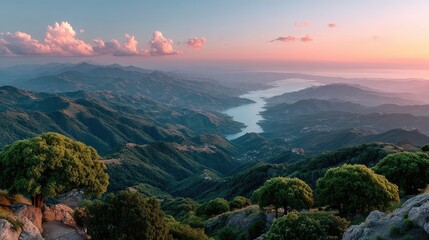 Peaceful Sunrise Over Rolling Hills and a Distant Coastal Town Bathed in Soft Pink and Orange Light with Lush Green Vegetation in the Foreground