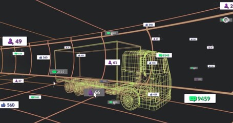 Social widgets appearing around yellow wireframe truck updating metrics and showing engagement - Powered by Adobe