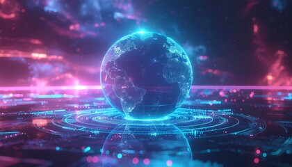 Obraz premium A luminous holographic Earth globe symbolizes a global digital network, surrounded by futuristic neon lights and complex data circuits in cyberspace