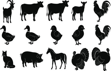 Collection of diverse farm animal silhouettes, including livestock, poultry, and pets, showcasing various domestic creatures like cows, pigs, horses, and chickens, perfect for agriculture designs.