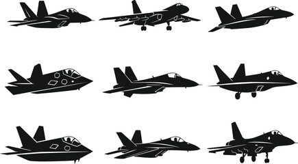 Collection of nine fighter jet aircraft silhouettes, modern military aviation technology, air superiority and supersonic combat planes, detailed graphic icons.