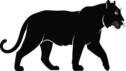 Side profile silhouette of a large tiger or panther walking forward, symbolizing power, strength, wildlife, danger, and majestic big cat predators.