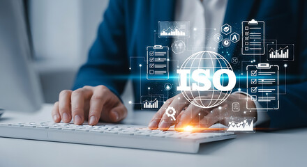 Businesswoman using computer keyboard for iso certification standard concept