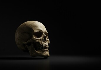 Obraz premium A chilling and ancient skeletal head emerges from a dark, foreboding background, conveying a sense of terror and the unknown ,textured ,danger ,terrifying
