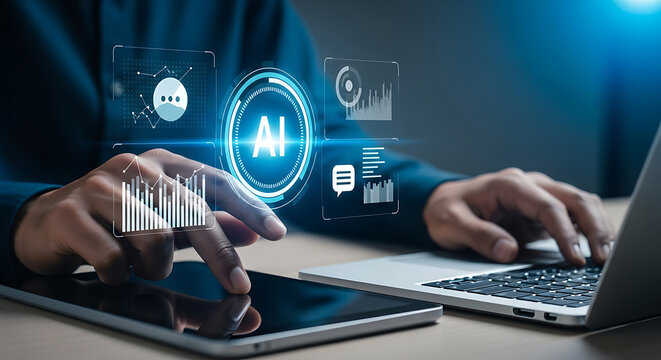 Man interacting with ai interface on digital tablet while using laptop, showcasing data analytics and machine learning.