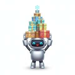 Cute robot carrying a stack of colorful gift boxes on its head isolated on white background