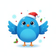 Cute blue bird wearing a santa hat surrounded by snowflakes isolated on white background
