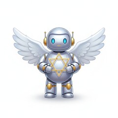 A cute robot angel with a star of david isolated on white background stands smiling