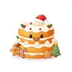 Cute christmas cake with santa hat isolated on white background, decorated with gingerbread