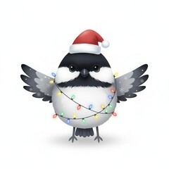 Cute chickadee wearing a santa hat and christmas lights isolated on white background
