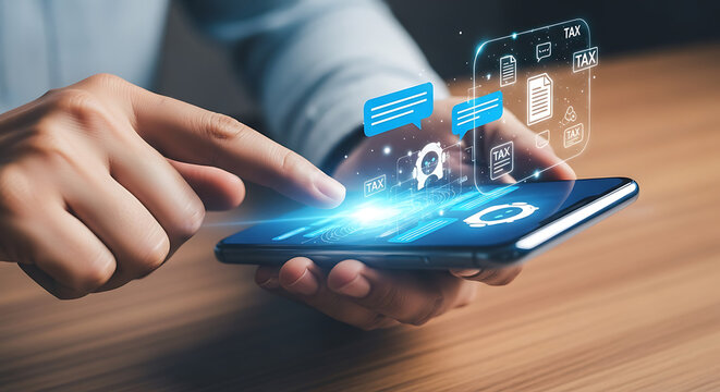 Woman using smartphone with virtual assistant, artificial intelligence concept