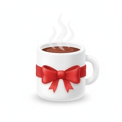 A steaming cup of hot chocolate with a red ribbon isolated on white background festive drink