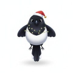 Festive magpie wearing a santa hat and christmas lights isolated on white background