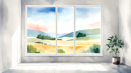 Fototapeta premium Abstract colorful watercolor painting of A Modern living room scene featuring a hand-drawn watercolor big window, sofa and furniture. A cozy atmosphere., Scandinavian interior design.