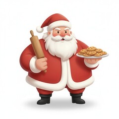 Santa claus holding a plate of cookies and a rolling pin isolated on white background