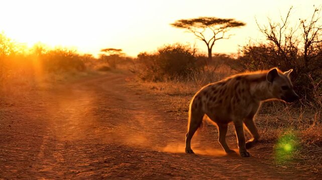 A spotted hyena walks along a dusty savanna road at sunrise, bathed in golden light.