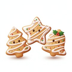 Cute christmas gingerbread cookies isolated on white background, tree, star and bell