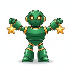 Green robot holding two golden stars isolated on white background, a symbol of achievement